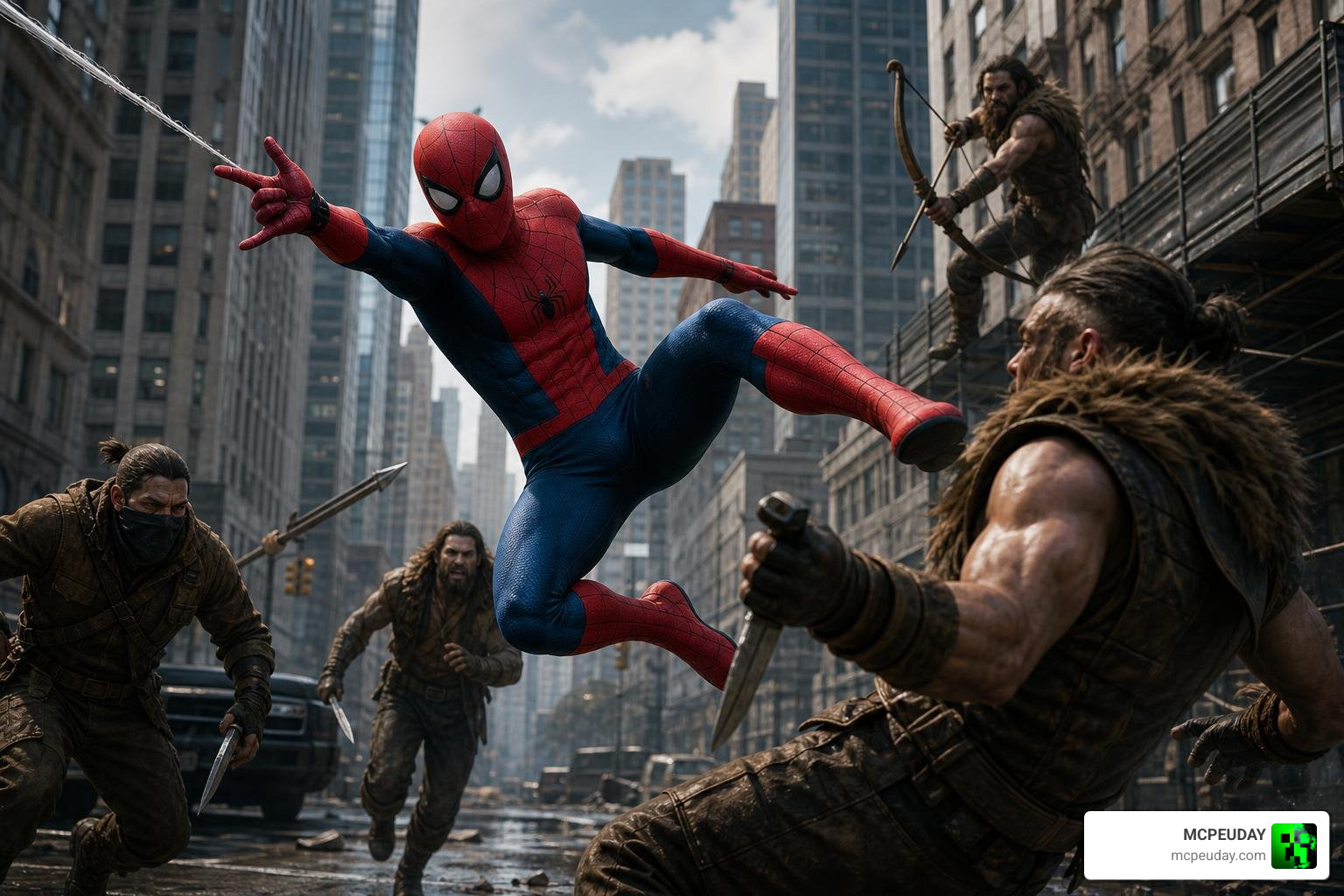 Spider-Man fighting Kraven's hunters in Marvel's New York Spider-Man fighting Kraven's hunters in Marvel's New York