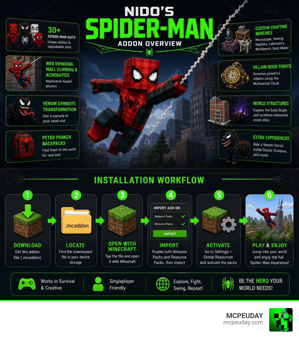 Step-by-step overview of Nido's Spider-Man Addon features and installation workflow infographic Step-by-step overview of Nido's Spider-Man Addon features and installation workflow infographic