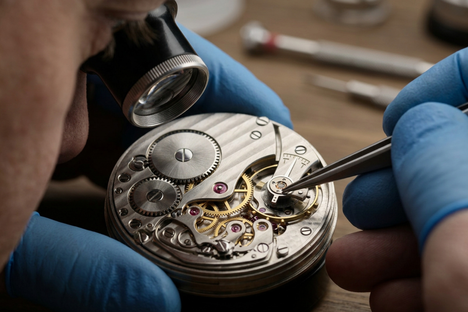 Close inspection of a vintage watch movement under magnification Close inspection of a vintage watch movement under magnification