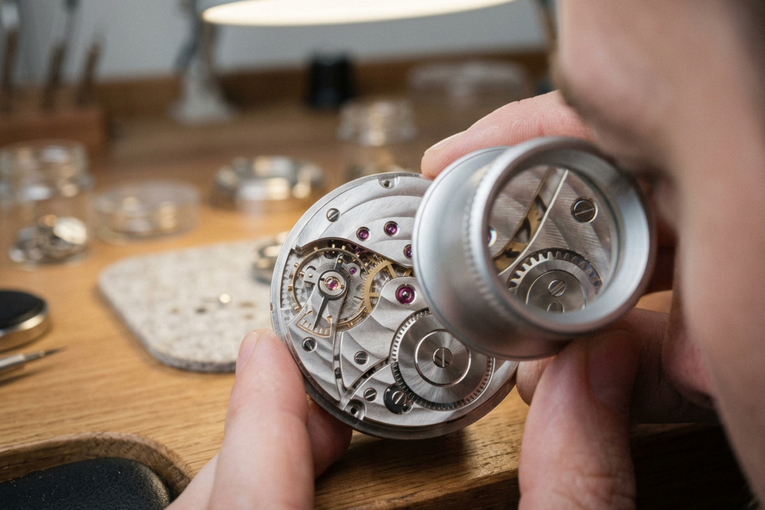 fine watch movement being examined under magnification for verification fine watch movement being examined under magnification for verification