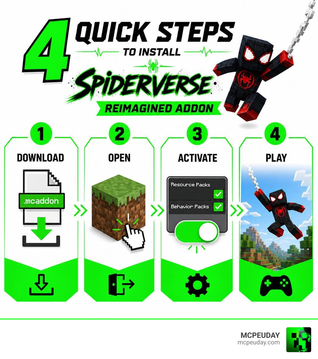 Spiderverse Reimagined Addon quick install steps infographic: download, open, activate, play infographic Spiderverse Reimagined Addon quick install steps infographic: download, open, activate, play infographic