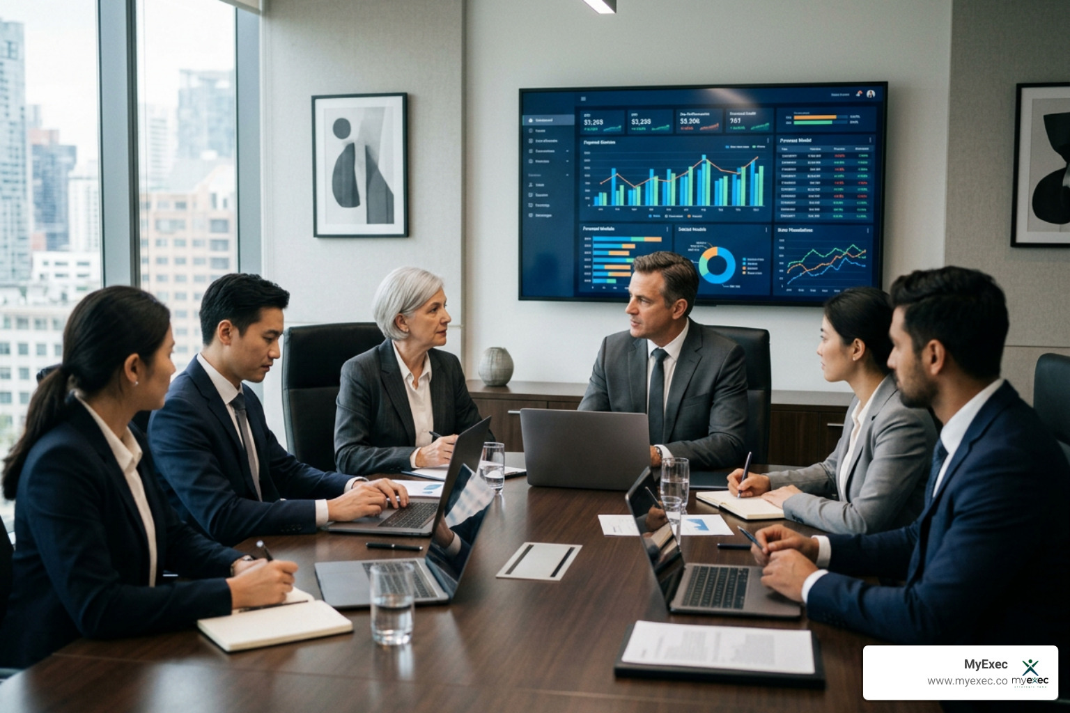 Executive fractional CFO team reviewing strategic finance forecasts and KPI dashboards Executive fractional CFO team reviewing strategic finance forecasts and KPI dashboards