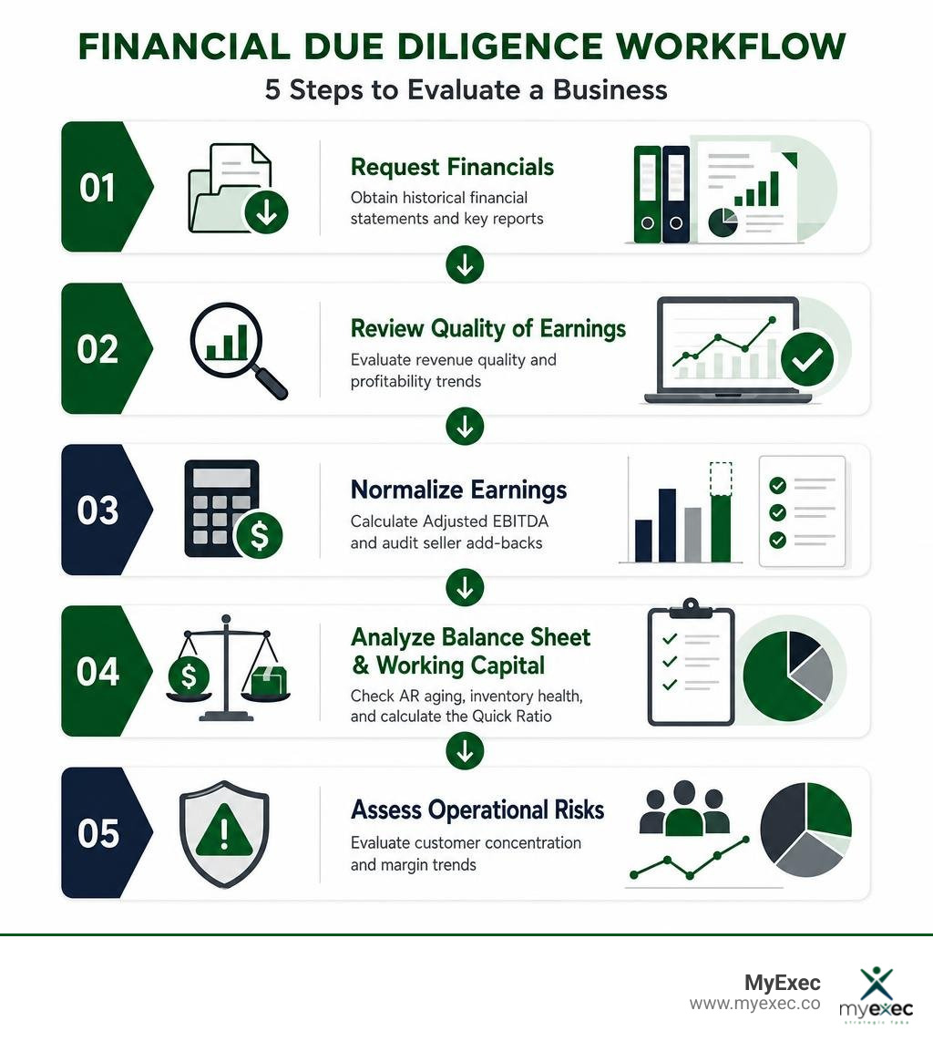 Five-step financial due diligence workflow: request financials, cross-verify records, normalize earnings, analyze the balance sheet, and assess operational risks