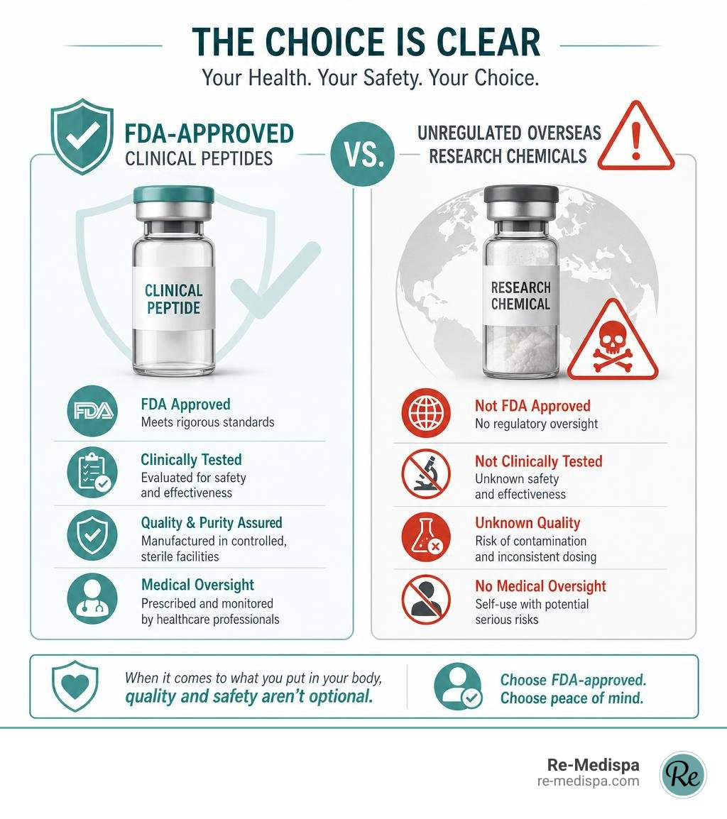 Contrast between FDA-approved clinical peptides and unregulated overseas research chemicals infographic Contrast between FDA-approved clinical peptides and unregulated overseas research chemicals infographic