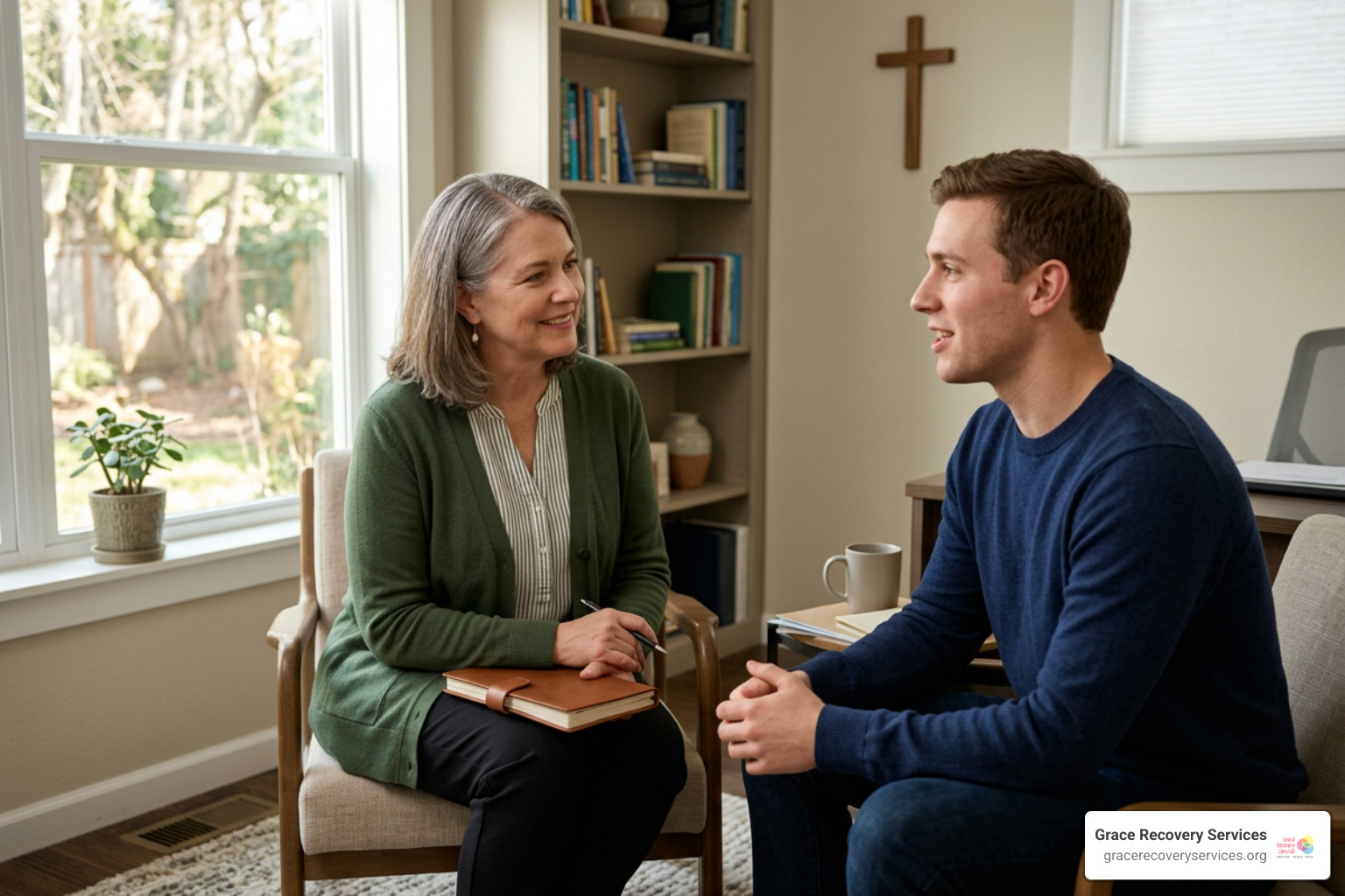 Warm counseling session showing a therapist and client engaged in supportive faith-integrated outpatient therapy