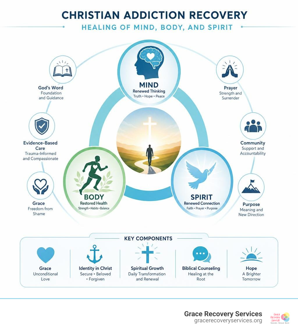 Infographic: Christian addiction recovery model showing healing of mind, body, and spirit with key components infographic