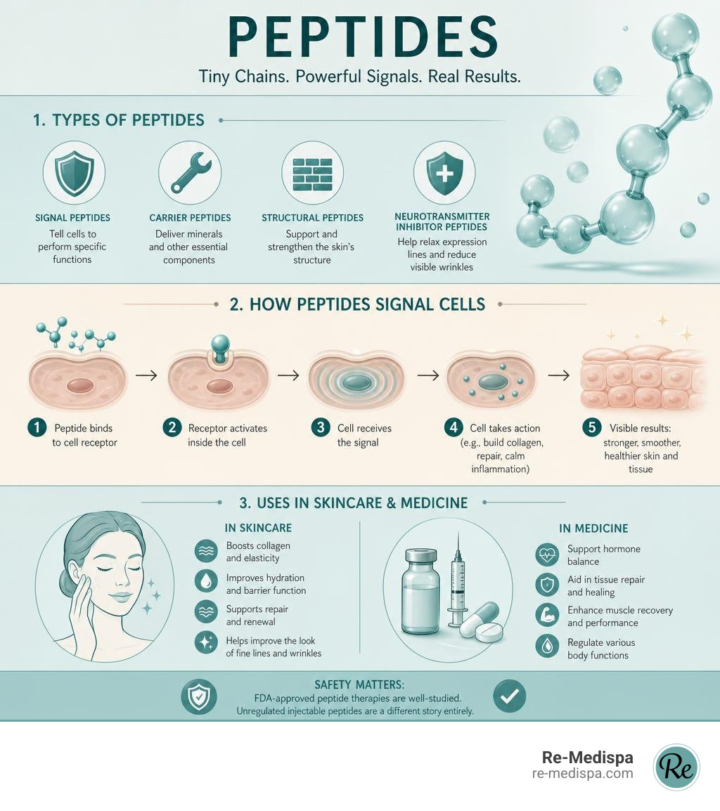 Infographic showing peptide types, how they signal cells, and their uses in skincare and medicine infographic