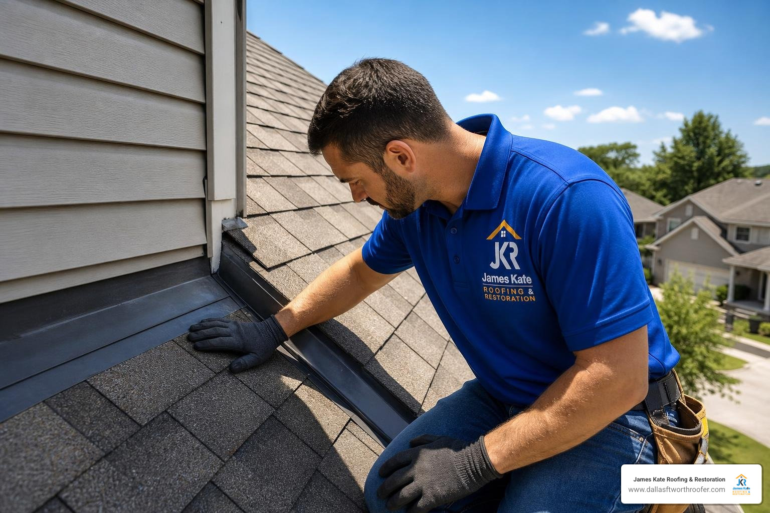 roofer in royal blue James Kate shirt inspecting roof valley and wall flashing roofer in royal blue James Kate shirt inspecting roof valley and wall flashing