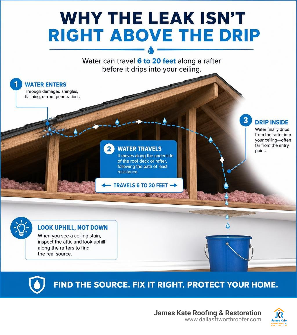 Infographic showing how water travels along roof rafters 6 to 20 feet before dripping into interior ceiling infographic Infographic showing how water travels along roof rafters 6 to 20 feet before dripping into interior ceiling infographic