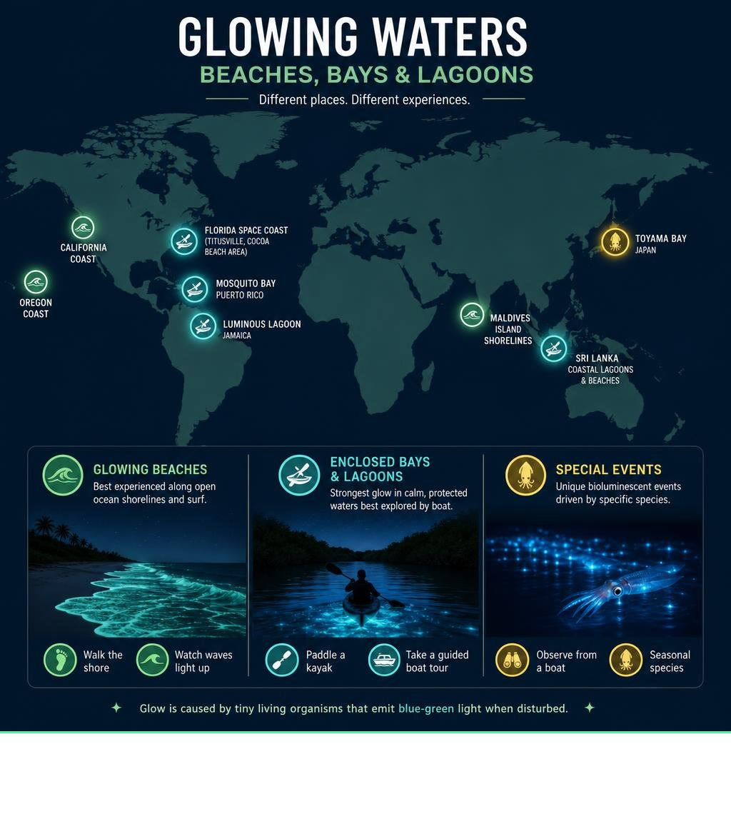 map-style infographic distinguishing glowing beaches, enclosed bays, and lagoon bioluminescence experiences infographic