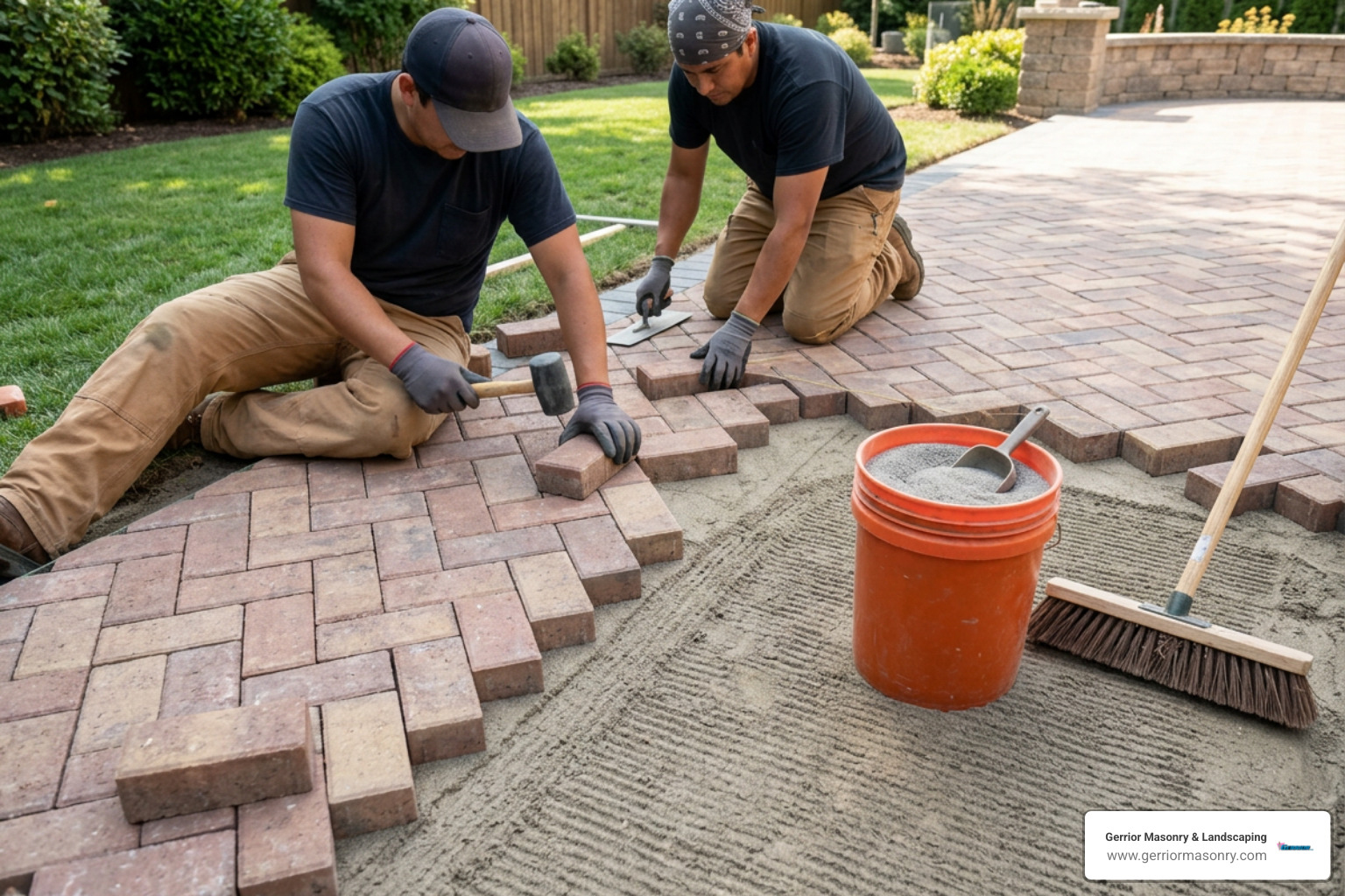 Laying pavers in a herringbone pattern and filling joints with polymeric sand Laying pavers in a herringbone pattern and filling joints with polymeric sand