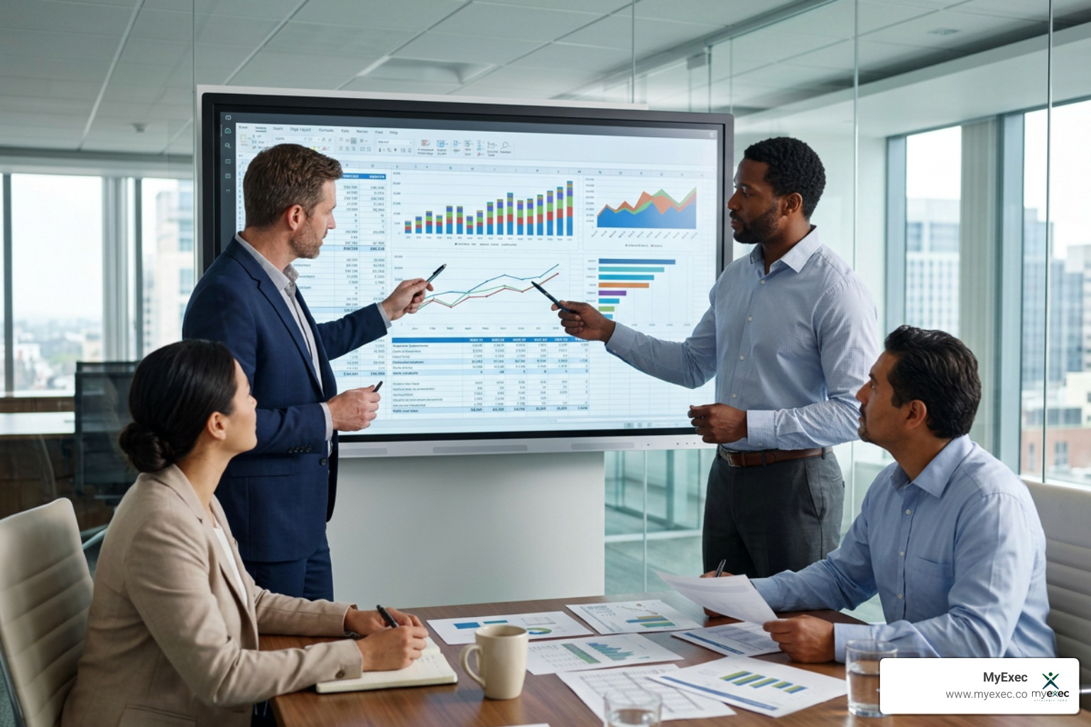 financial reporting and financial statement analysis Finance team reviewing dashboards and financial statements during a reporting and analysis meeting
