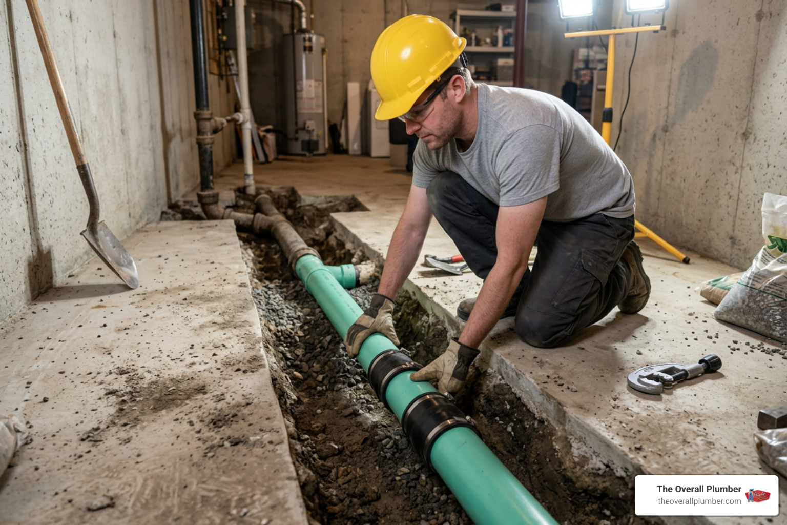 plumbing contractor replacing underground sub-slab basement drain pipe plumbing contractor replacing underground sub-slab basement drain pipe