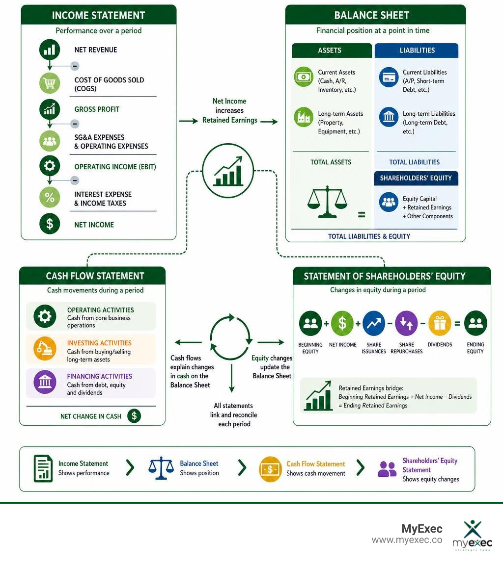 Infographic showing how the income statement, balance sheet, cash flow statement, and shareholders equity statement connect Infographic showing how the income statement, balance sheet, cash flow statement, and shareholders equity statement connect