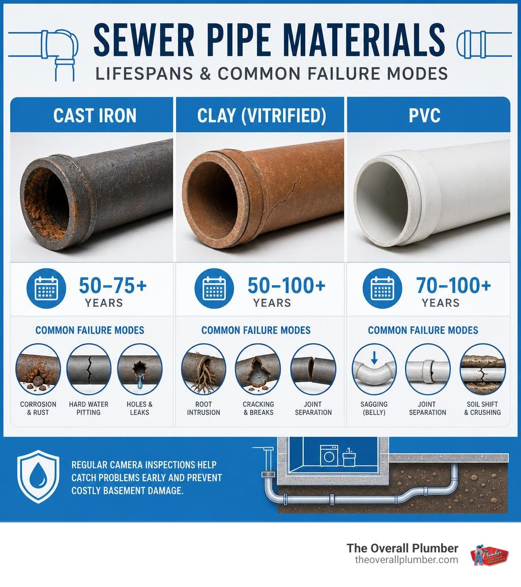 comparison of pipe material lifespans and common failure modes infographic comparison of pipe material lifespans and common failure modes infographic