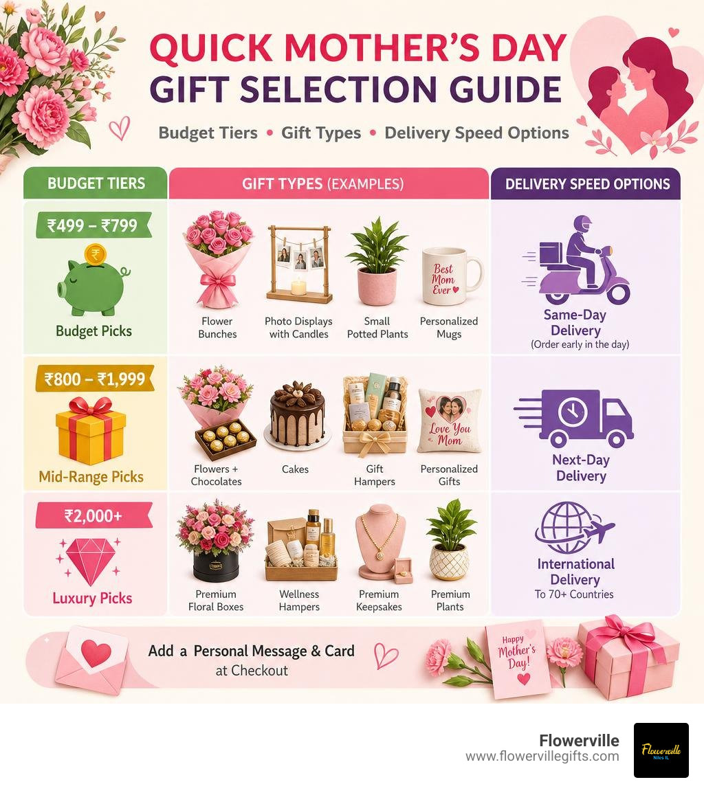 Quick Mother's Day gift selection guide: budget tiers, gift types, and delivery speed options infographic Quick Mother's Day gift selection guide: budget tiers, gift types, and delivery speed options infographic