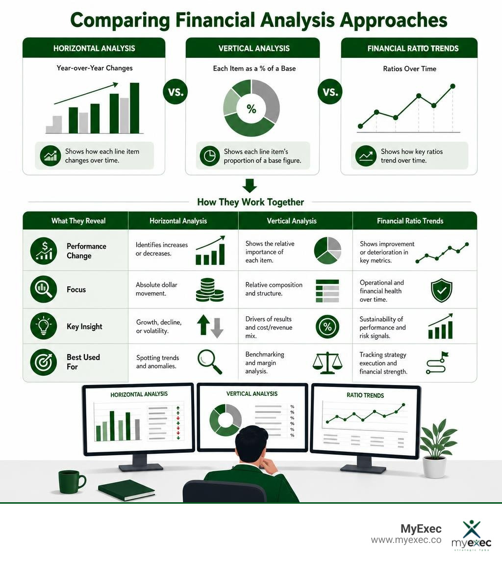 Analyst comparing horizontal analysis, vertical analysis, and financial ratio trends infographic Analyst comparing horizontal analysis, vertical analysis, and financial ratio trends infographic