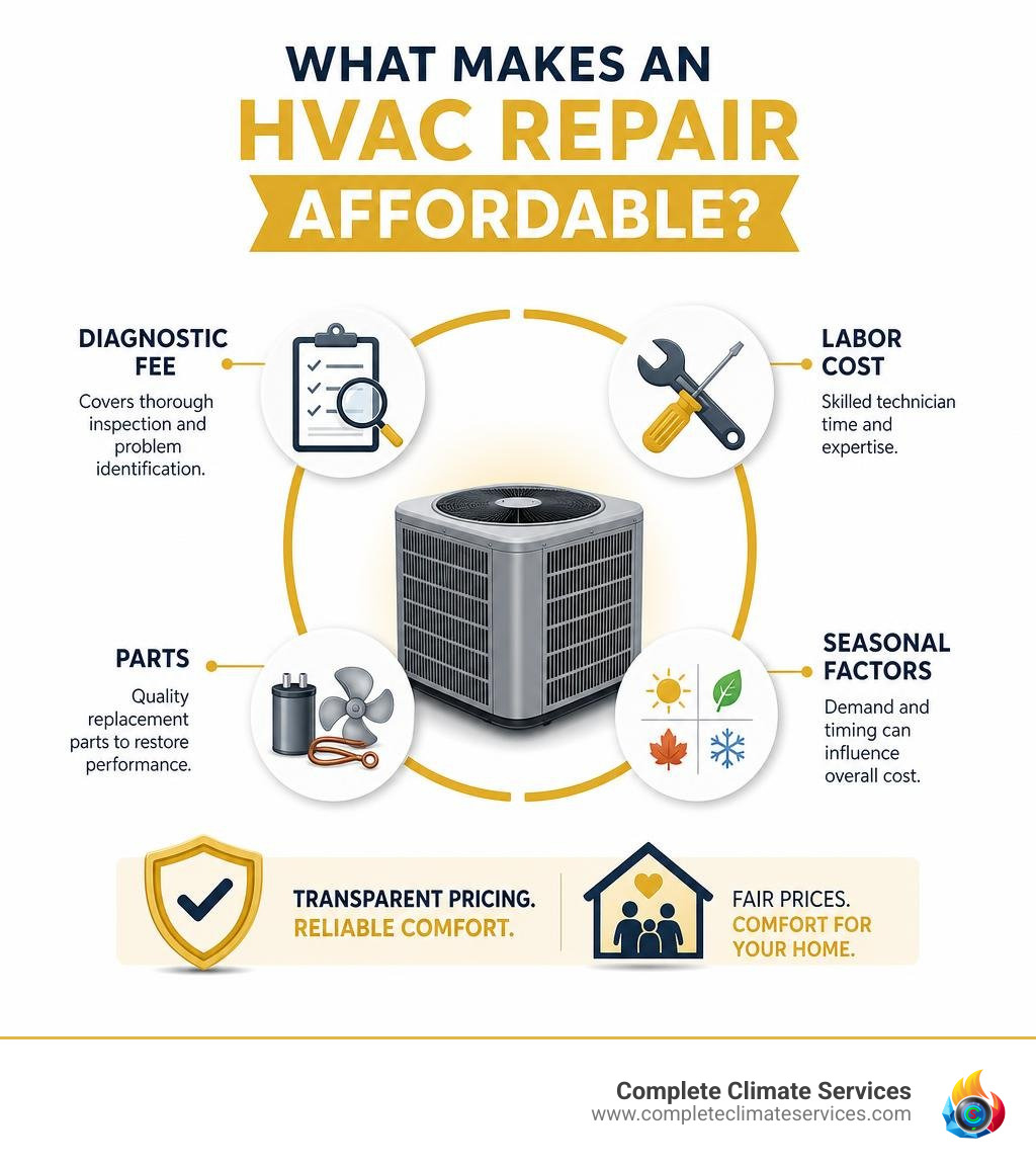 Infographic showing components of an affordable HVAC service call including diagnostic fee, labor cost, parts, and seasonal