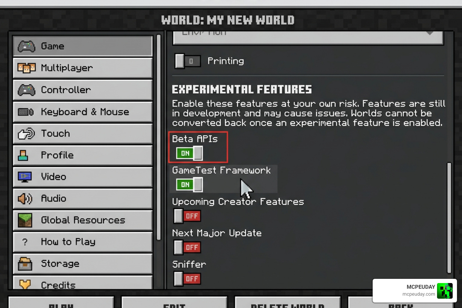 Minecraft Bedrock world settings menu highlighting experimental feature toggles