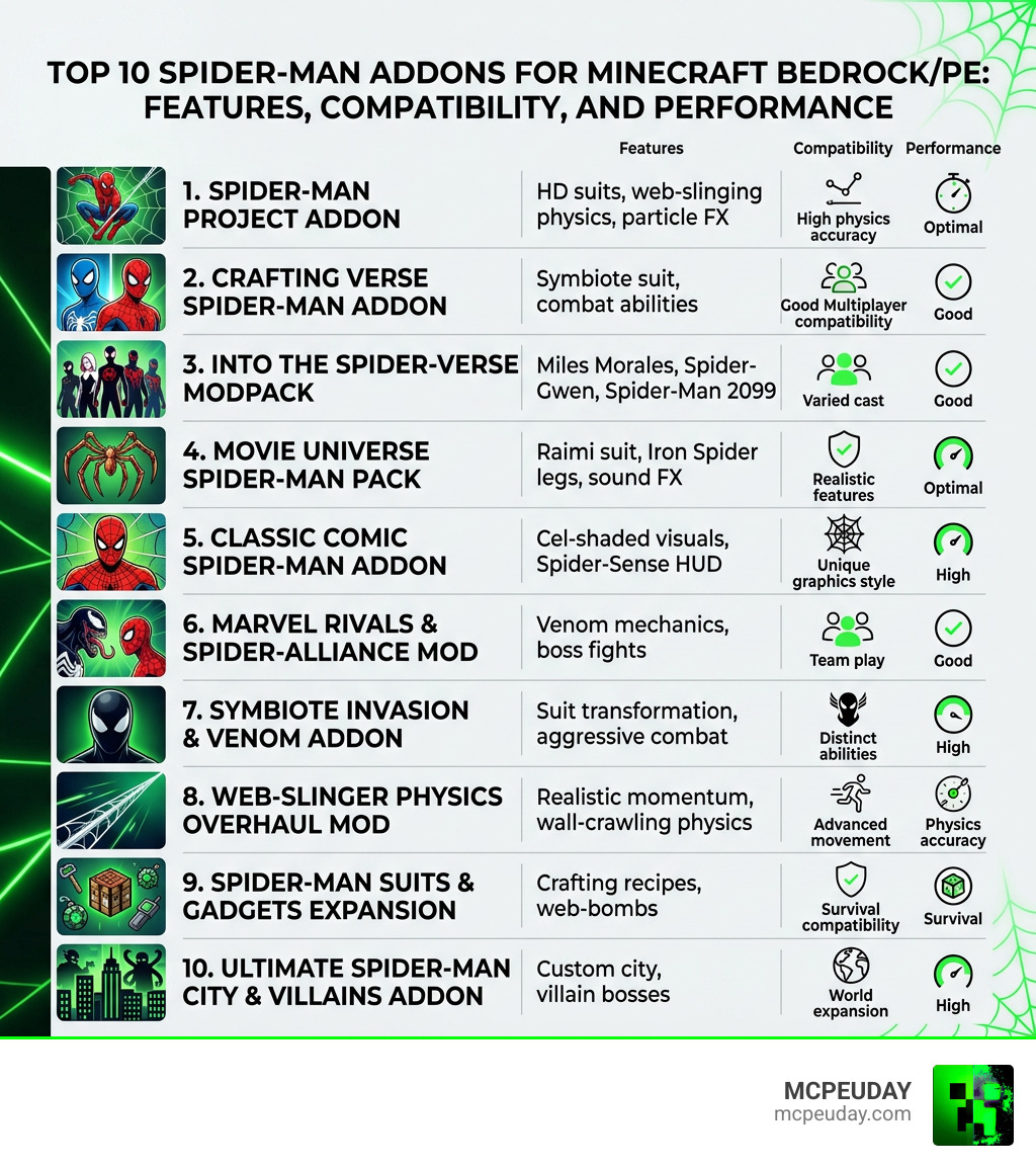 Top 10 Spider-Man Bedrock addons compared by features, compatibility, and performance infographic