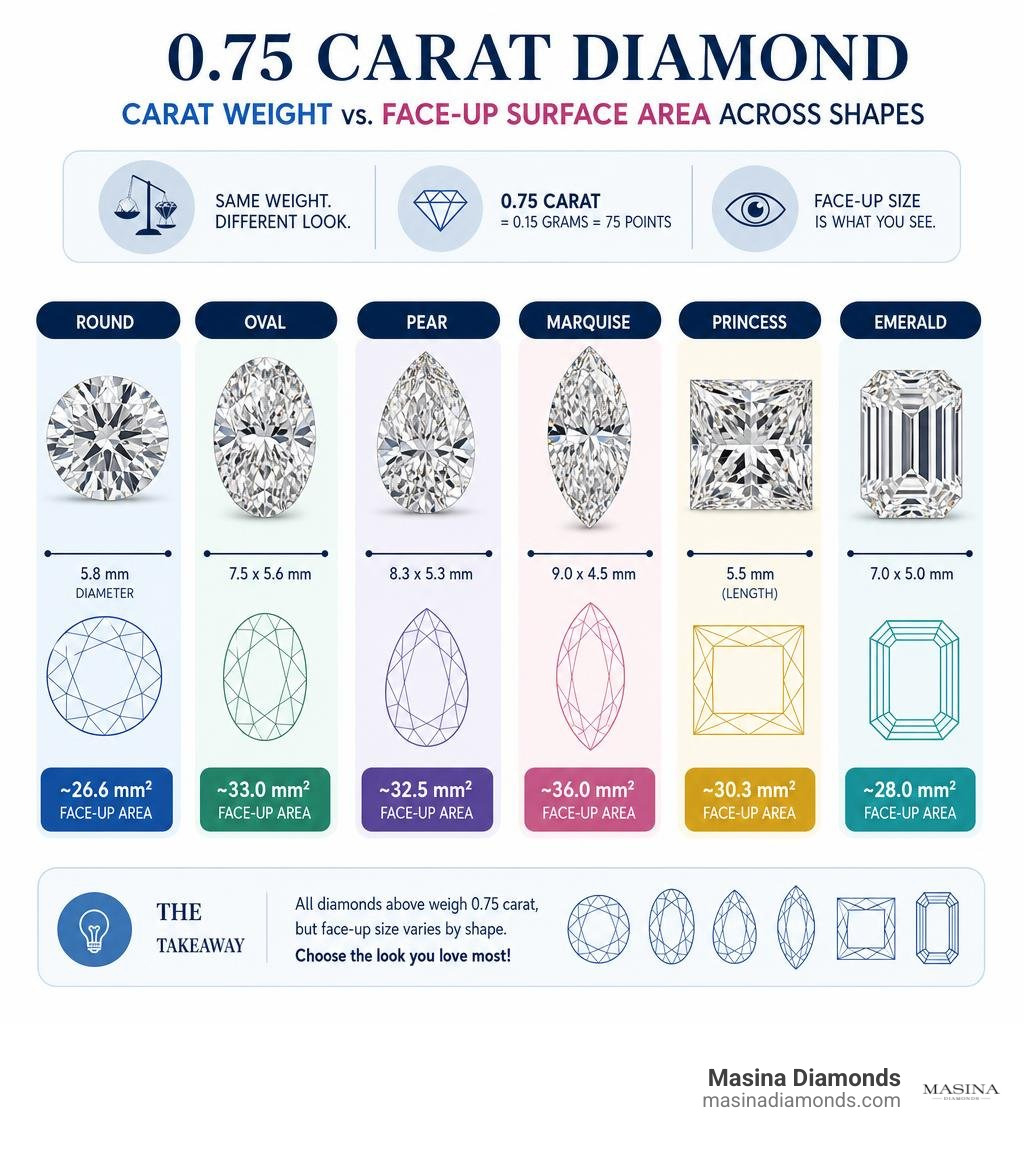 Infographic comparing 0.75 carat diamond carat weight versus face-up surface area across shapes infographic