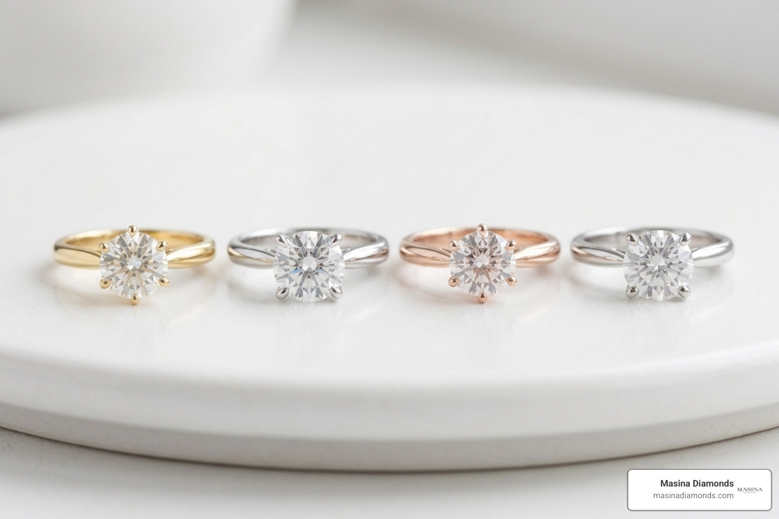 Various precious metal settings holding a 2 carat round center stone
