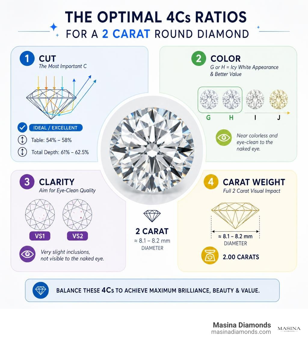 Infographic breaking down optimal 4Cs ratios for a 2 carat round diamond infographic