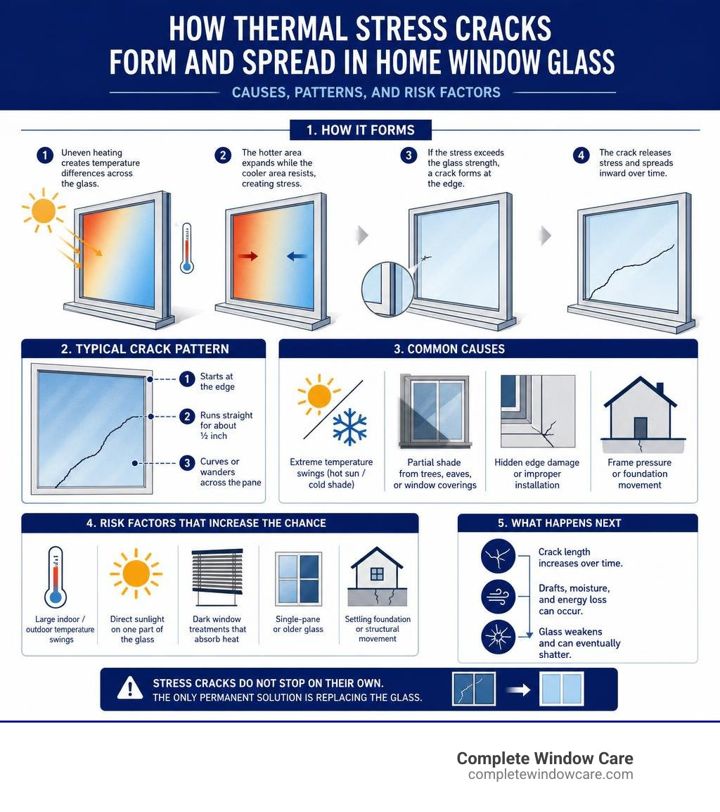 How thermal stress cracks form and spread in home window glass, including causes, patterns, and risk factors infographic