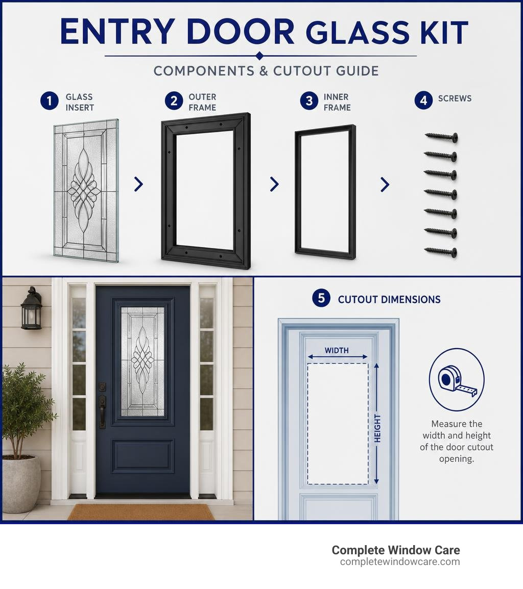 Components of an entry door glass kit: glass insert, outer frame, inner frame, screws, and cutout dimensions - entry door