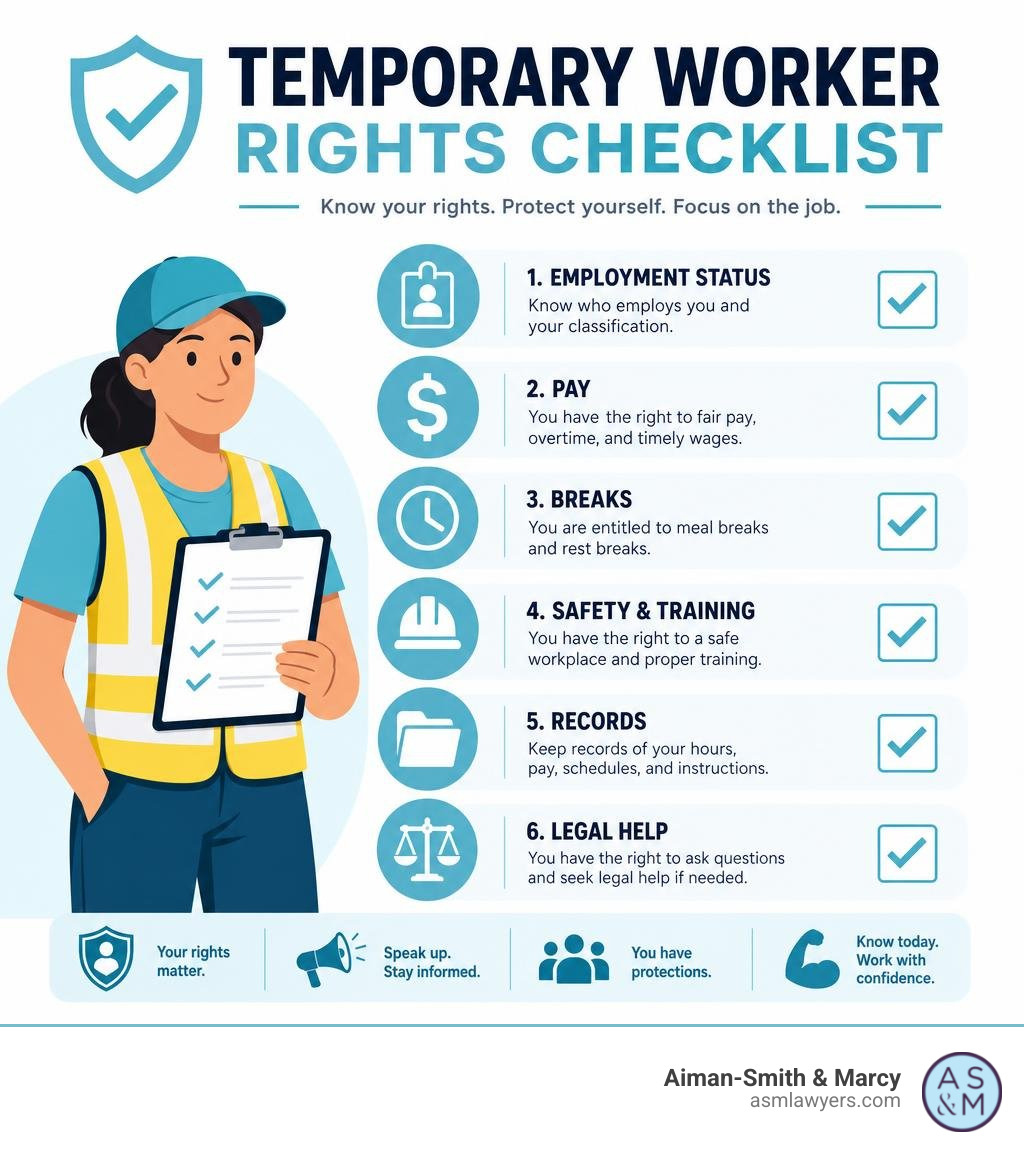 Temporary worker rights checklist covering employment status, pay, breaks, safety training, records, and legal help