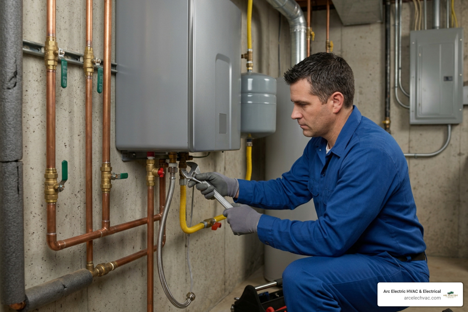 A professional technician attaching flexible connectors during a water heater installation