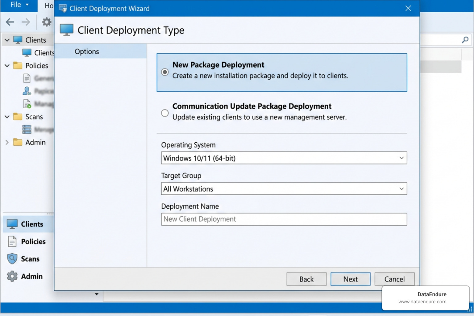 SEPM Client Deployment Wizard interface showing options for package creation SEPM Client Deployment Wizard interface showing options for package creation