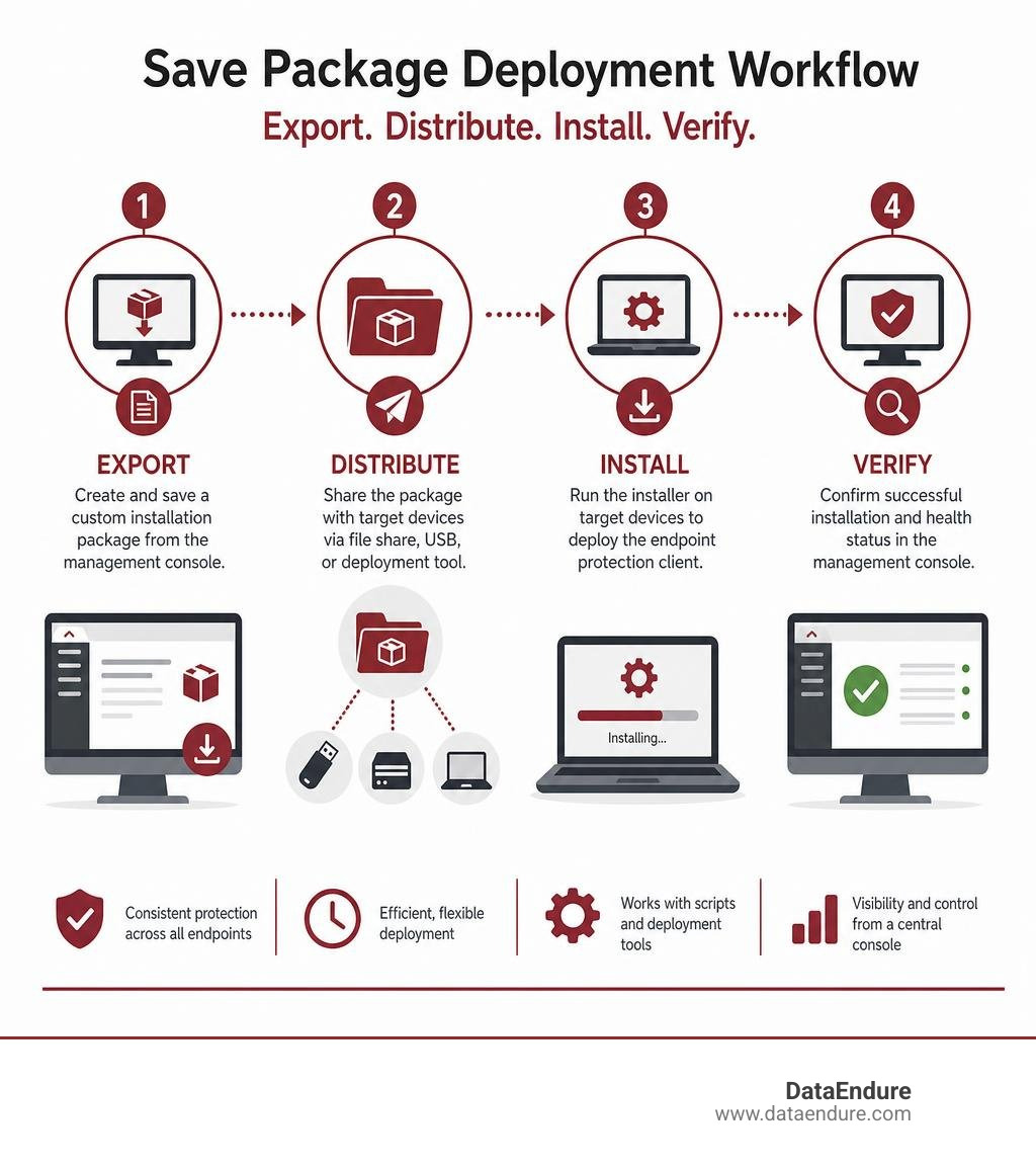 Save Package deployment workflow for Broadcom Symantec Endpoint Protection: export, distribute, install, verify infographic Save Package deployment workflow for Broadcom Symantec Endpoint Protection: export, distribute, install, verify infographic