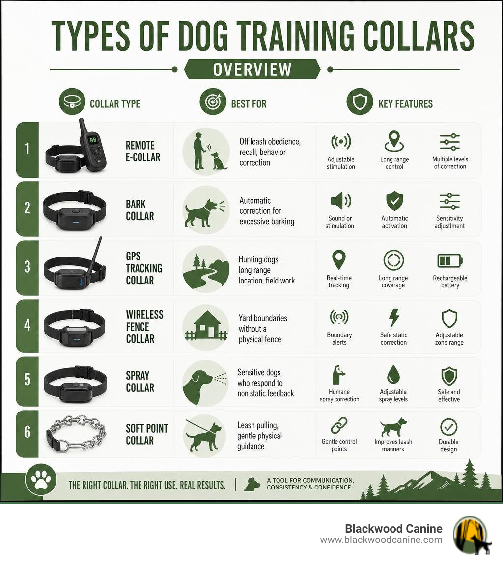 Types of dog training collars overview infographic with collar categories, best uses, and key features infographic Types of dog training collars overview infographic with collar categories, best uses, and key features infographic
