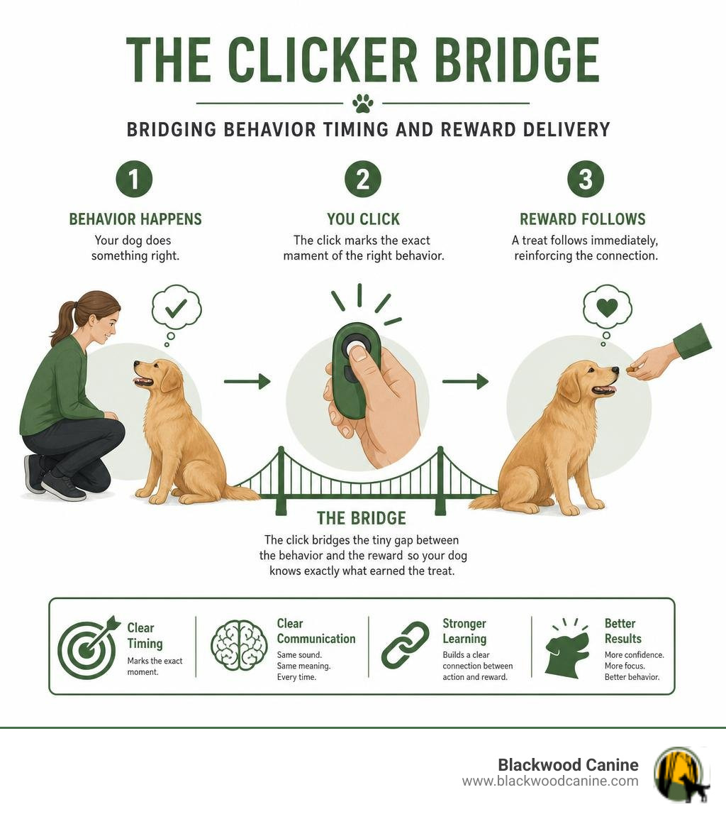 Infographic showing how the clicker bridges behavior timing and reward delivery in dog training infographic Infographic showing how the clicker bridges behavior timing and reward delivery in dog training infographic