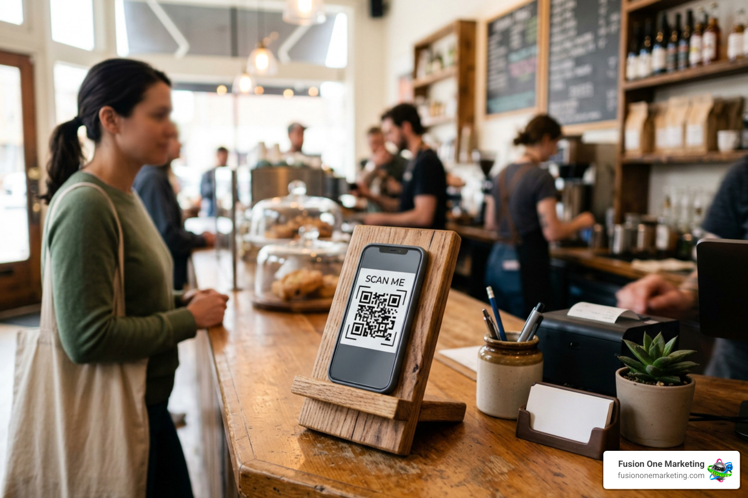 Countertop QR code display sitting at a business service counter Countertop QR code display sitting at a business service counter