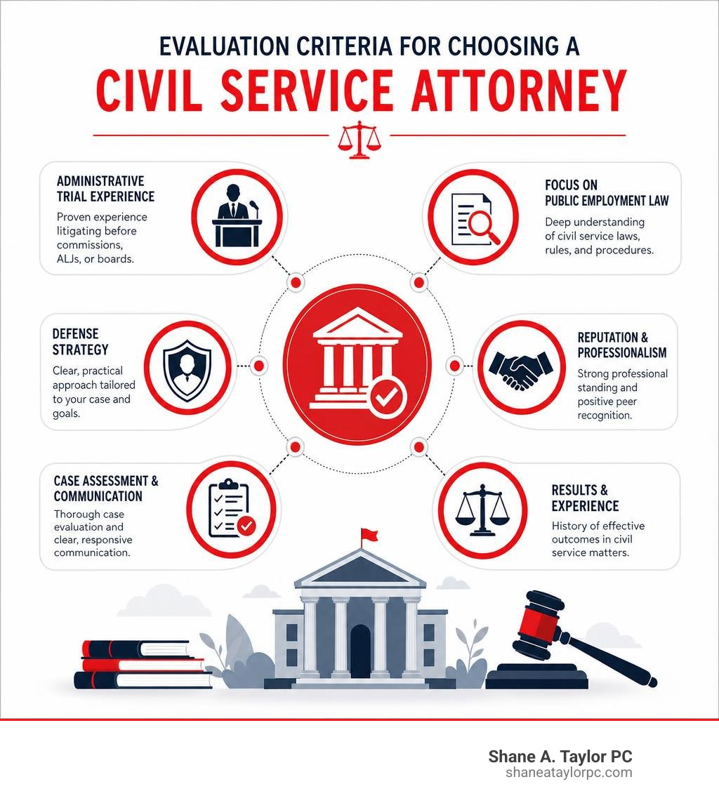 Evaluation criteria for choosing a civil service attorney chart infographic Evaluation criteria for choosing a civil service attorney chart infographic