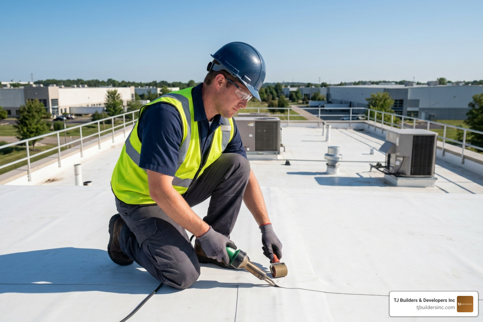 professional commercial roofer inspecting single ply membrane seam