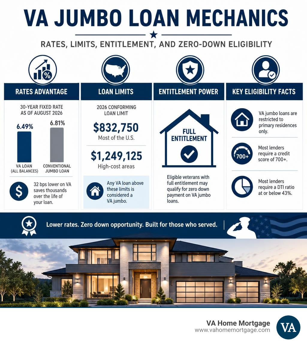 VA jumbo loan mechanics infographic: rates, limits, entitlement, and zero-down eligibility infographic VA jumbo loan mechanics infographic: rates, limits, entitlement, and zero-down eligibility infographic