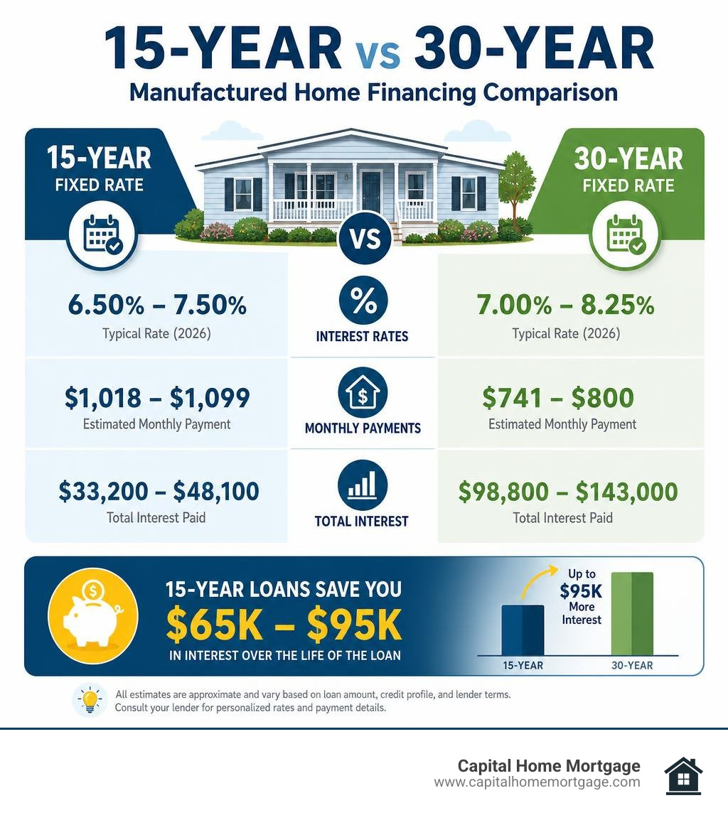 Infographic comparing 15-year vs 30-year manufactured home financing: rates, monthly payments, and total interest infographic Infographic comparing 15-year vs 30-year manufactured home financing: rates, monthly payments, and total interest infographic