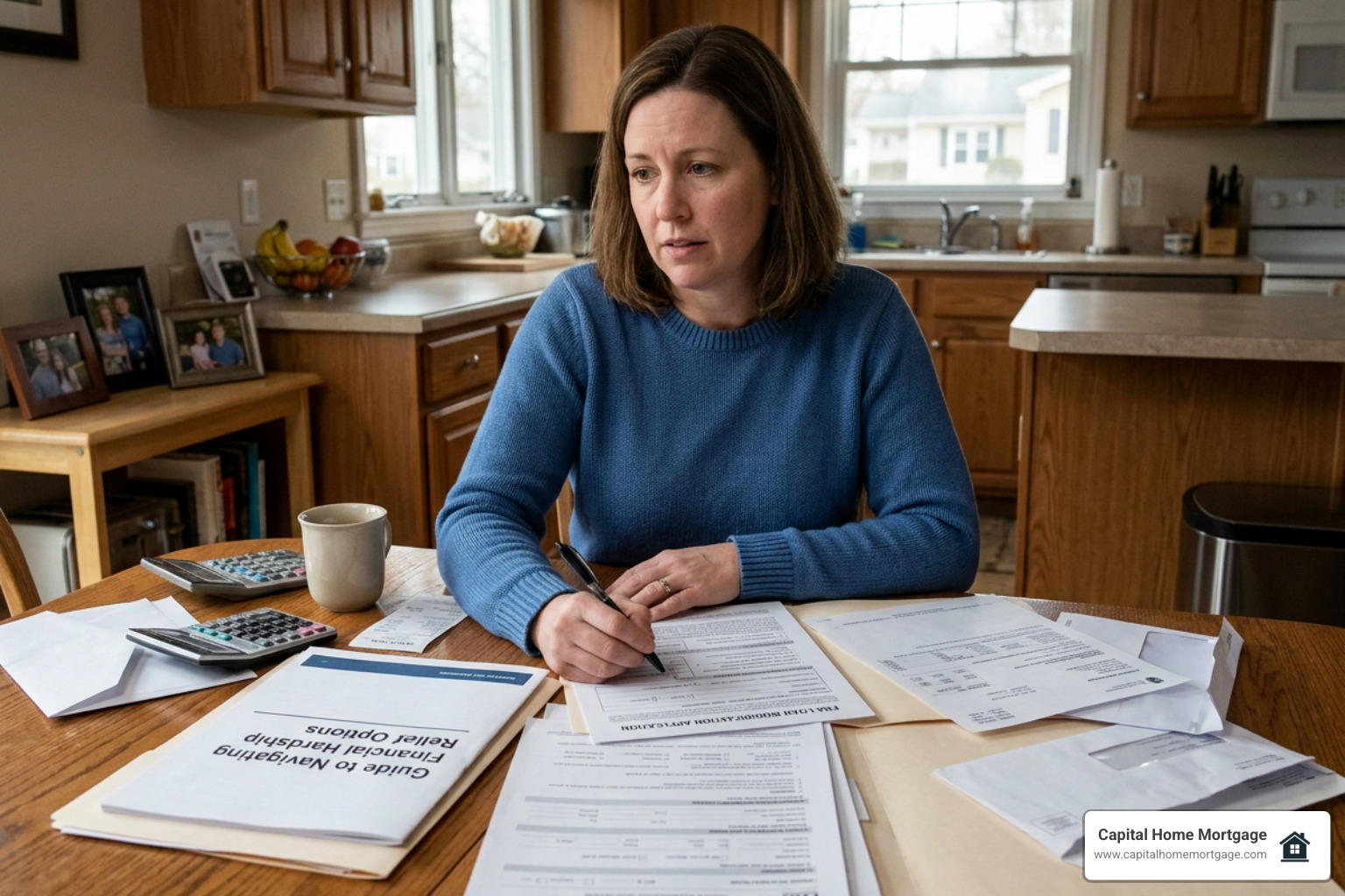 Homeowner reviewing financial hardship relief options and FHA loan modification paperwork