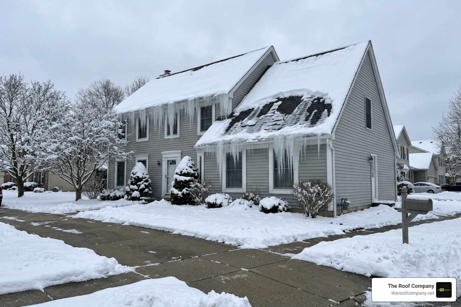 winter-damaged shingles and ice dams on a Michigan home winter-damaged shingles and ice dams on a Michigan home