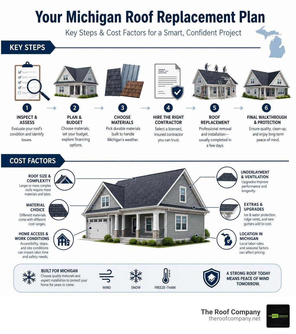 Key steps and cost factors for planning a Michigan roof replacement project infographic Key steps and cost factors for planning a Michigan roof replacement project infographic