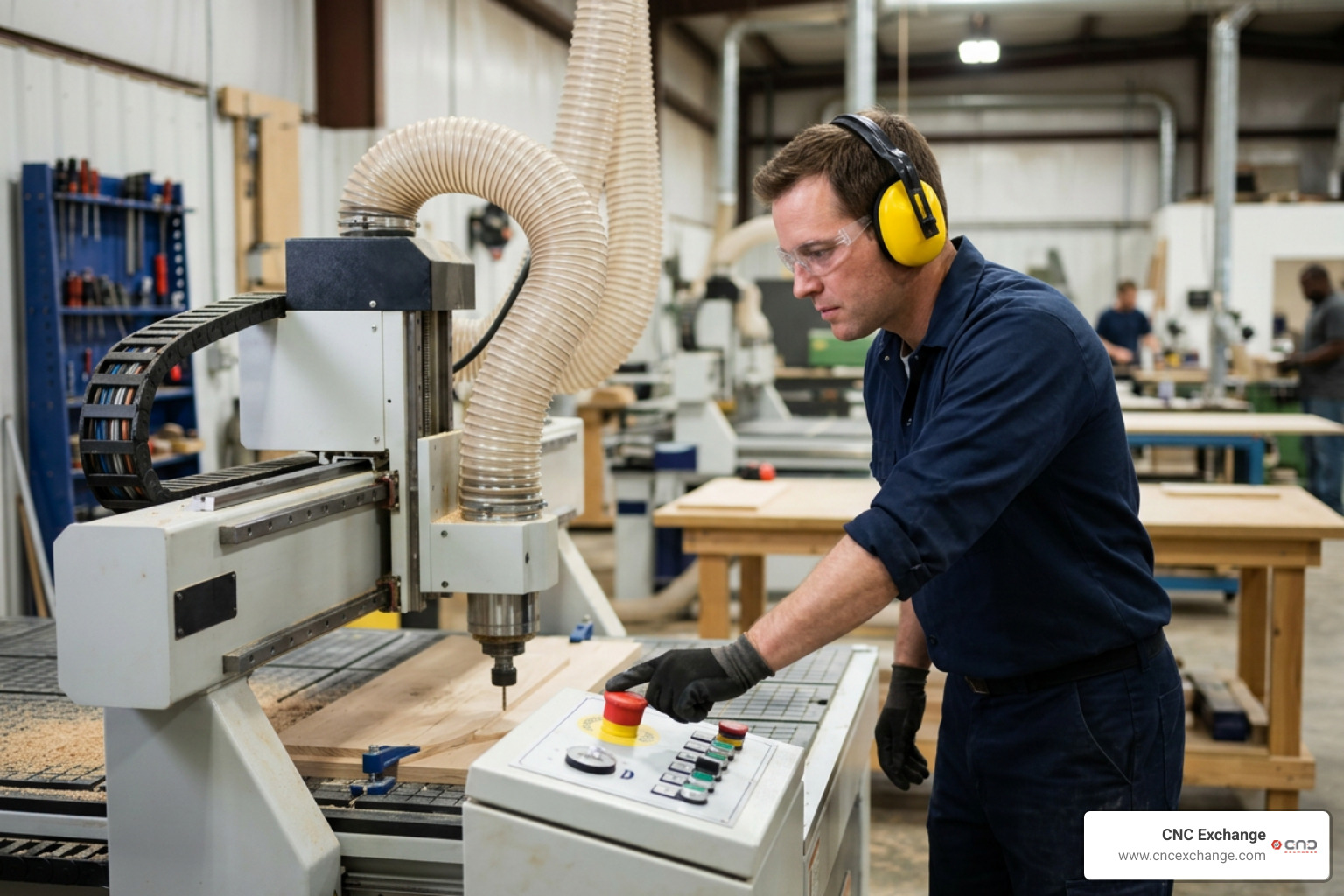 CNC machine operator using emergency stop switch and wearing safety gear