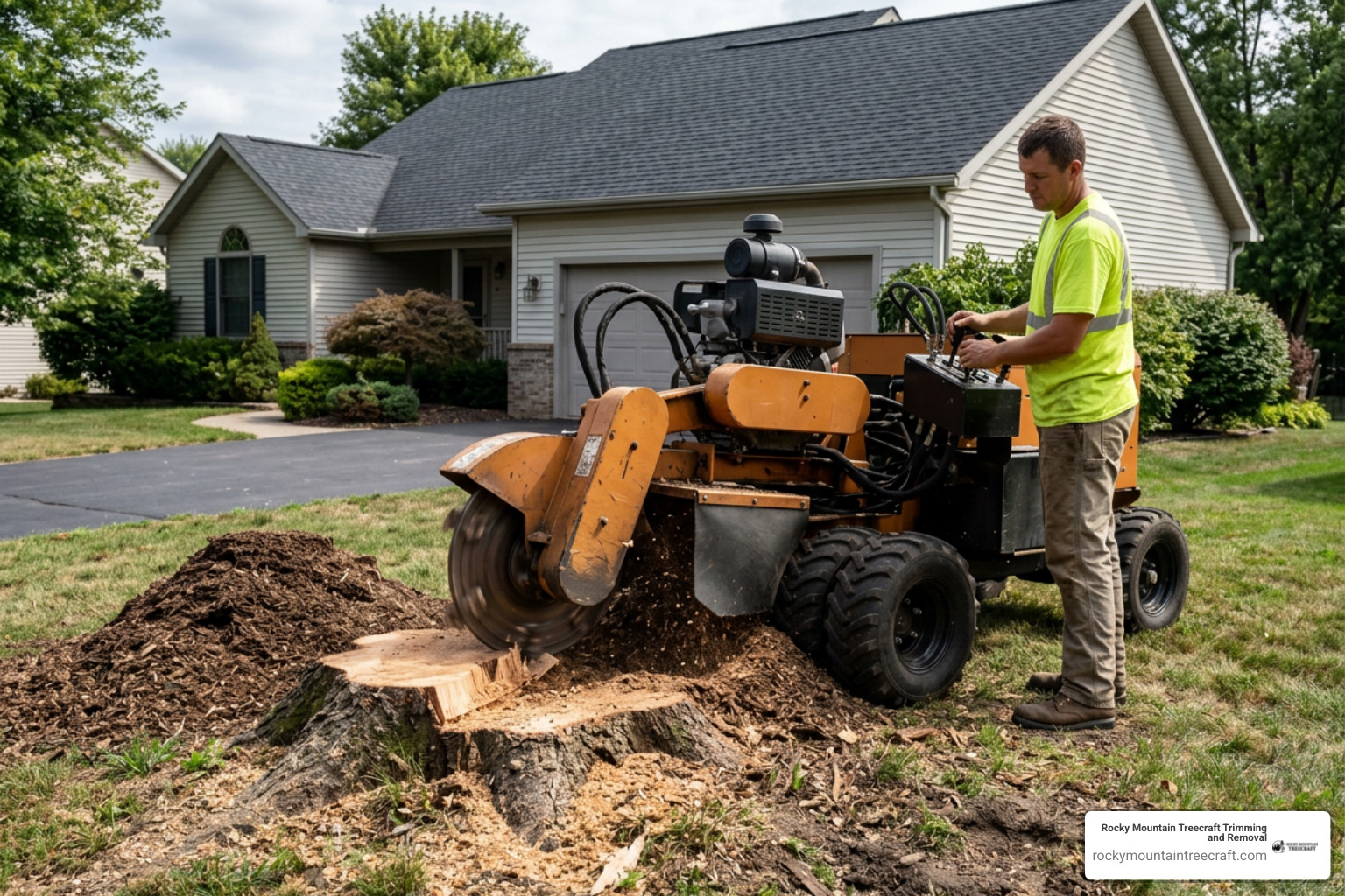 commercial stump grinder machine operating in residential yard commercial stump grinder machine operating in residential yard
