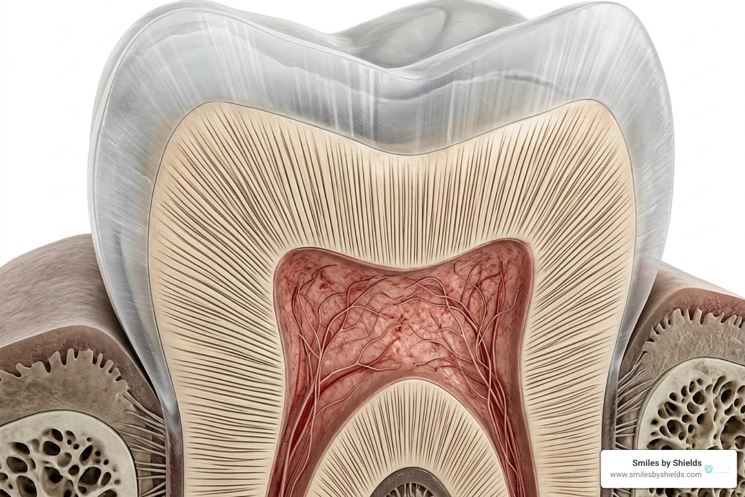 Microscopic cross-section of dentinal tubule structure in a human tooth