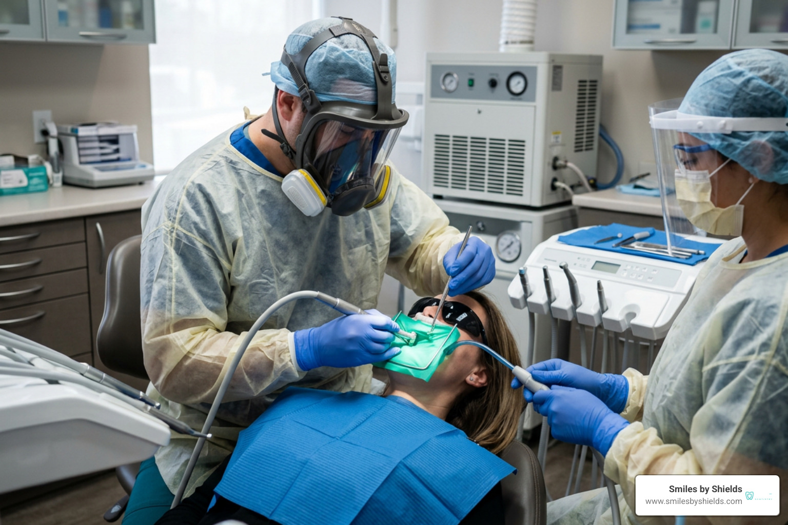 Biological dentist performing the SMART protocol with high volume filtration and air masks