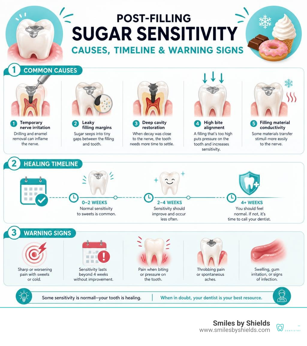 Post-filling sugar sensitivity causes, timeline, and warning signs infographic infographic