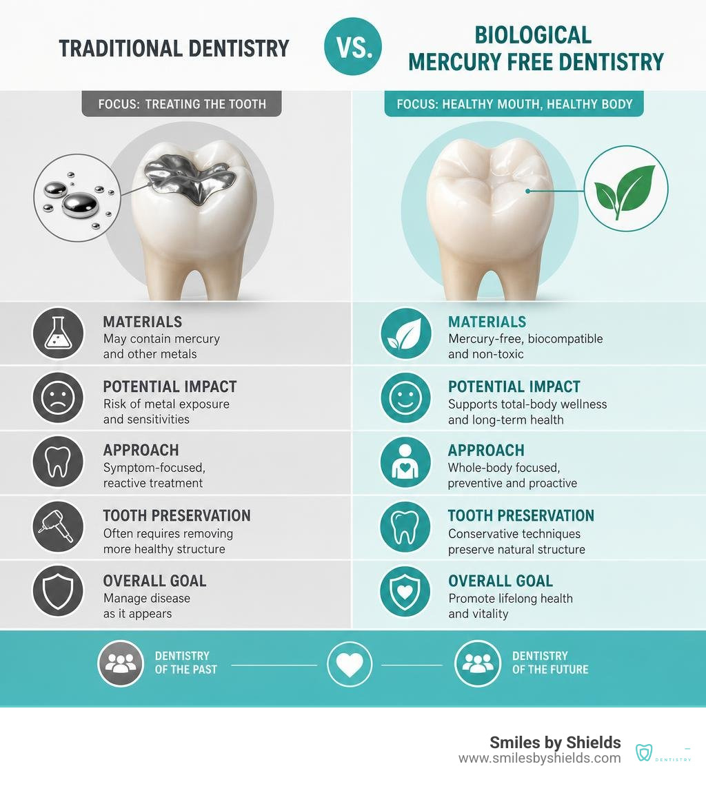 Comparison of traditional dentistry versus biological mercury free dentistry infographic