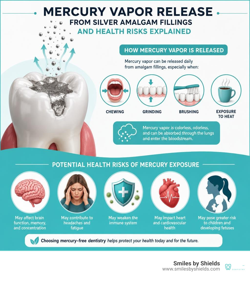 Mercury vapor release from silver amalgam fillings and health risks explained infographic